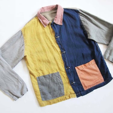 Vintage Patchwork Linen Chore Jacket M - Colorblock Boxy Jacket - Colorful Natural Fiber Minimalist Jacket 
