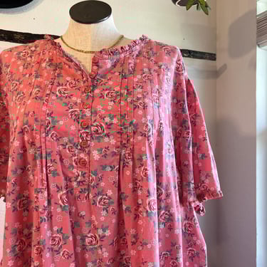 Vintage 90s Pink Cotton Floral Print Ruffled Trim Short Sleeve Slip Dress Size 5X 