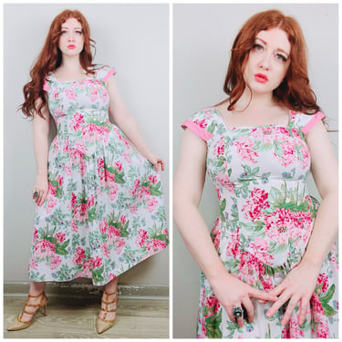 1980s Vintage Melissa Harper Poly Cotton Floral Dress / 80s / Eighties Cap Sleeve Pink Flower Garden Tea Dress / Size Medium / Large 