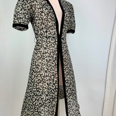 1930's-40's Printed Silk Chiffon Dress - Black Velvet Details - Split Reveal Wrap - Puffy Sleeves - Size SMALL to MEDIUM - 29 Inch Waist 