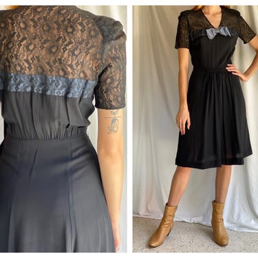 1940's Cocktail Dress / Blue Ribbon Bow with Lace Nude Illusion Bust Neckline / Sexy Black Dress / A Line Dress 
