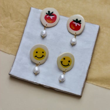 Hand Painted Cute Polymer Clay Pearl Statement Earrings / Funky Jewelry Gifts for Her / Smiley Face Pearl Earrings 