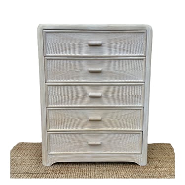 Vintage Pencil Reed Tallboy Dresser Chest of 5 Drawers with White Wash Wood Finish - Hollywood Regency Coastal Rattan Furniture 