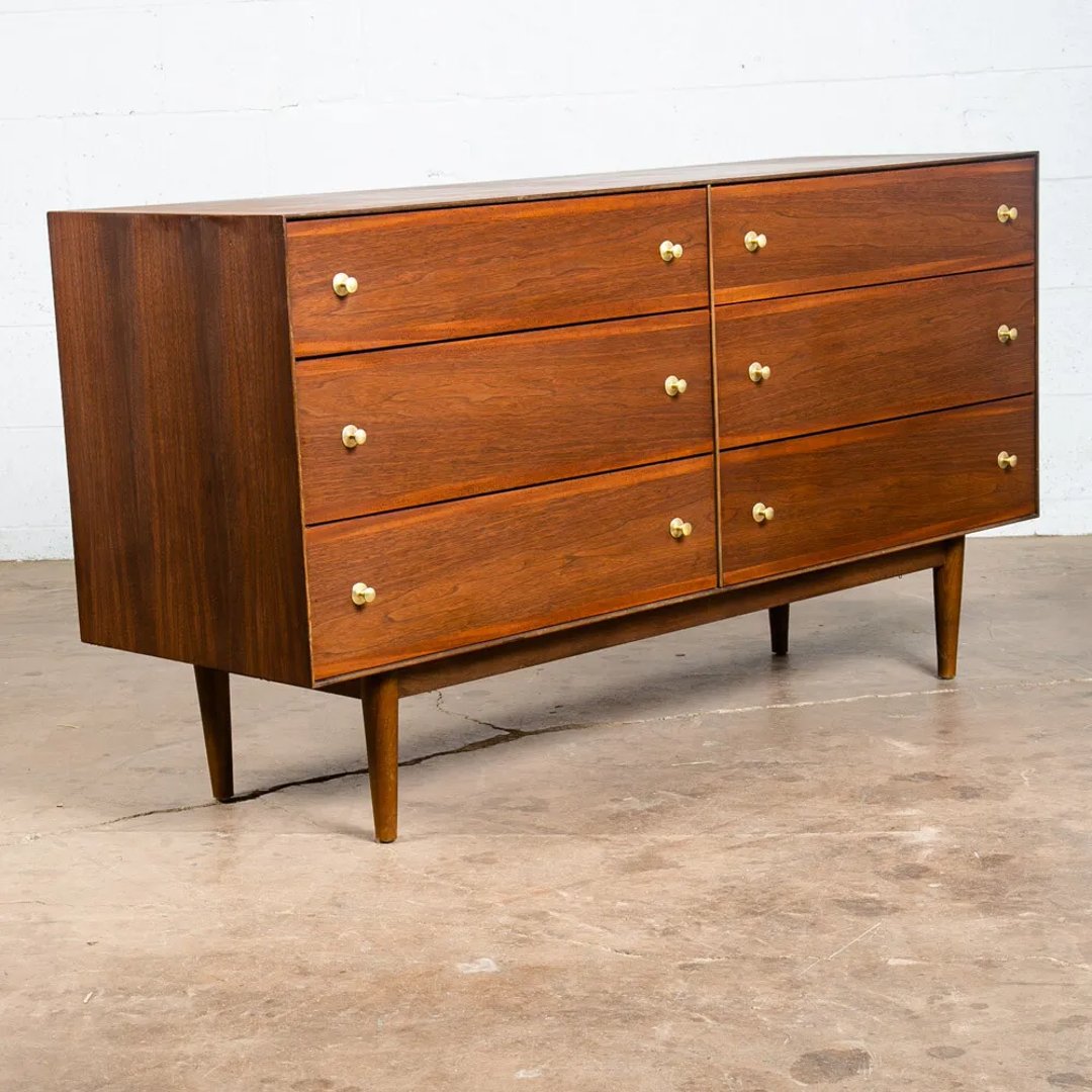Mid Century Modern Credenza Dresser 6 Drawer Stanley Walnut Mcm Brass