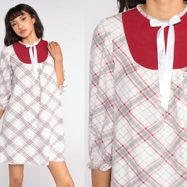 Plaid Nightgown 80s Pajama Dress Checkered White Cotton Nightie 80s Retro tent Dress Bib 1980s Mini Small 