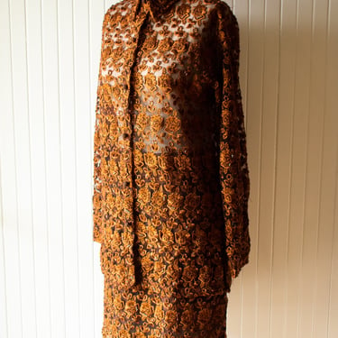 Vintage Cache Caramel Two-Piece Beaded Skirt + Jacket Set Small