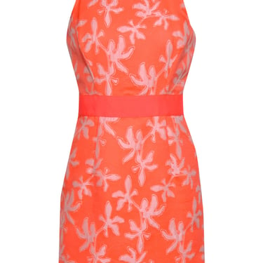 Milly - Neon Coral Brocade Fitted Dress w/ Floral Pattern Sz 4