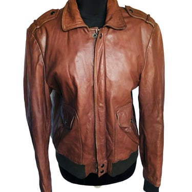 Vintage 1970's Brown Leather Bomber Motorcycle Jacket - size 44 Large 