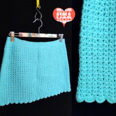 Mod Dream Vintage 70s Blue Crochet Micro Mini Skirt 