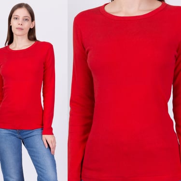 70s Red Ribbed Cotton Shirt - Small to Medium | Vintage Plain Thermal Long Sleeve Top 