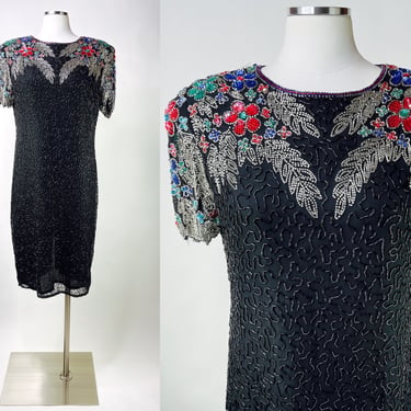1980s Black & Multi Color Floral Beaded Cocktail Dress w Large Shoulder Pads by Sweelo Small | Vintage, Open Back, Formal, Costume 