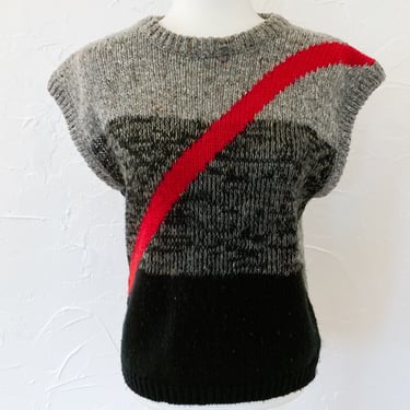 80s Gray Black Red Short Sleeve Abstract Sweater | Large 