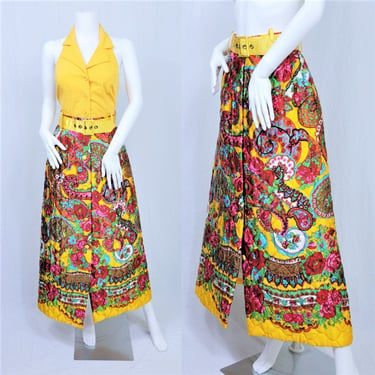 Psychedelic 1970's Yellow Floral Rose Print Quilted Maxi Skirt I Hostess I Sz Med I Tiki I Palm Springs 