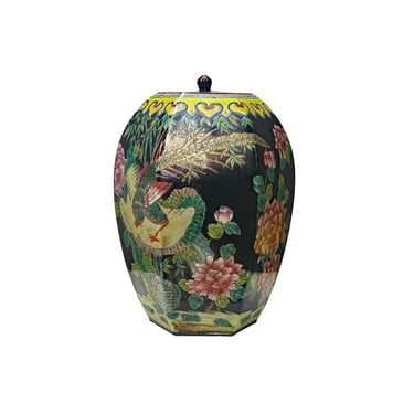 Oriental Vintage Black Base Color Flower Bird Hexagonal Porcelain Jar ws4162E 