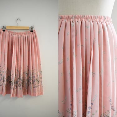 1990s Pink Pleated Skirt with Floral Border 