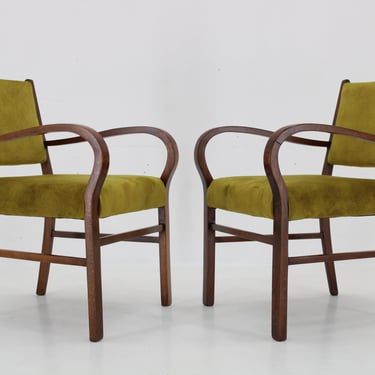 1940s Pair of Restored Beech Art Deco Armchairs ,Czechoslovakia /  Mid-century / Vintage Armchair / Green Colour / 