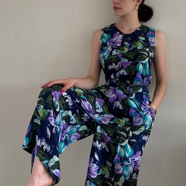 90s silk pant suit matching set / vintage blue floral washed silk sleeveless blouse + pleated wide leg palazzo pants suit | Small 