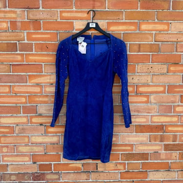 vintage 80s blue suede leather riveted bodycon dress / s small 