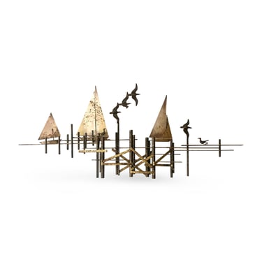 Curtis Jere Brutalist Seagulls and Sailboats at the Dock Metal Wall Sculpture c. 1972 