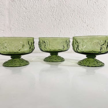 Vintage Avocado Green Anchor Hocking Lido Milano Crinkle Glass Glasses Set of 3 Pedestal Textured Champagne Coupe Sherbet 1970s 