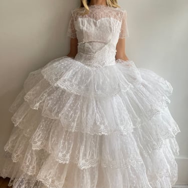 1950s Vintage White Lace Tiered Cupcake Wedding Dress Sz XS 