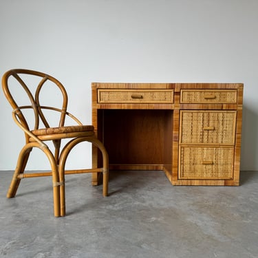 Vintage Coastal Woven  Rattan Four- Drawers  Desk with Chair 