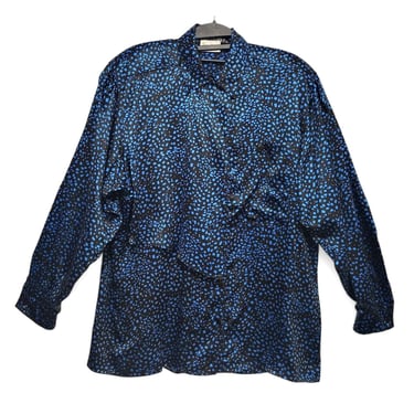 1980s Vintage Escada Margaretha Ley Blouse, 100% Silk Black & Blue Confetti Speckled Top, Feminine Working Girl 