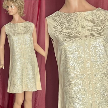 Vintage 60s Shift Dress, A Line, Metallic Pattern, Metal Back Zipper, Made in Greece, Fits Size 4-6 US 