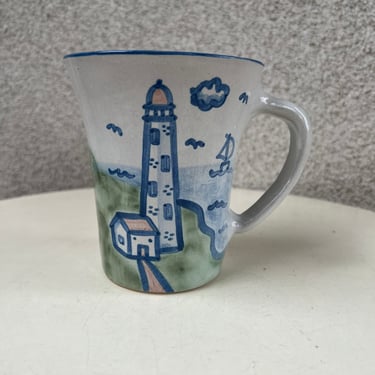 Vintage M.A. Hadley pottery flared shape mug blue white lighthouse theme holds 12 oz 