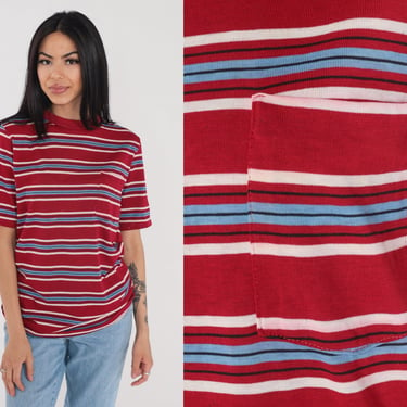Striped T-Shirt 70s Pocket Tee Red Shirt Blue White Stripes Crewneck Tshirt Retro Seventies Streetwear Minimal Basic Vintage 1970s Medium M 