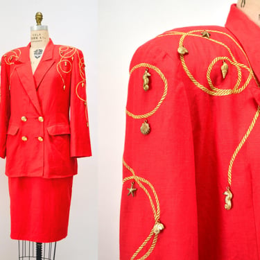 80s 90s Vintage Nautical Red Suit Jacket Blazer Skirt Red Gold Nautical Suit Linen Blazer Medium Large Lillie Rubin Boat Party Jacket Suit 