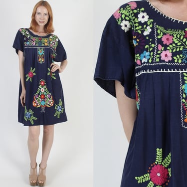 Traditional Mexican Hand Embroidered Puebla Dress, All Cotton Floral Embroidery, Vintage Flutter Sleeve Vestido, Made In Mexico 