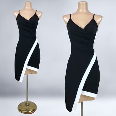 VINTAGE 90s Y2K Black and White Asymmetrical Stretch Mini Dress by Almost Famous Size Medium | 1990s 2000s Sporty Party Dress | VFG 