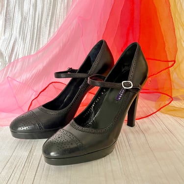 High Heels Mary Jane Shoes, Black Leather, Ralph Lauren, Platform Heels, Vintage 00s Y2K 