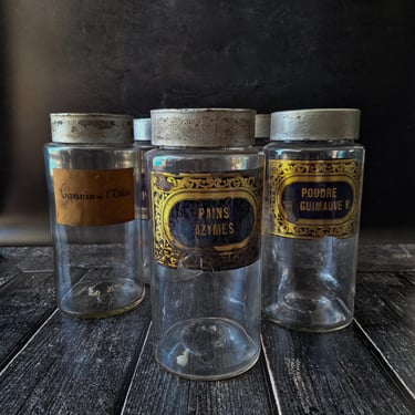 Large Antique French Apothecary Jar Glass with Original Paper Labels and Tin Lid - Pains Azimes 