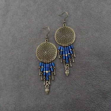 Chandelier earrings, blue and bronze, gypsy earrings, boho earrings, southwestern earrings, tribal earrings, unique goddess bohemian earring 