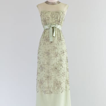 Stunning 1960's Heavily Beaded Absinthe Green Evening Gown / Medium