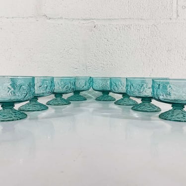 Vintage Aqua Blue Coupe Glasses Anchor Hocking Lido Milano Crinkle Glassware Set of 8 Champagne Sherbet Mid-Century Colorful Home 1960s 