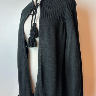 70’s black knit maxi- cardigan sweater~open front ties at neckline with pockets~ long knit 1970s boho style volup size L 