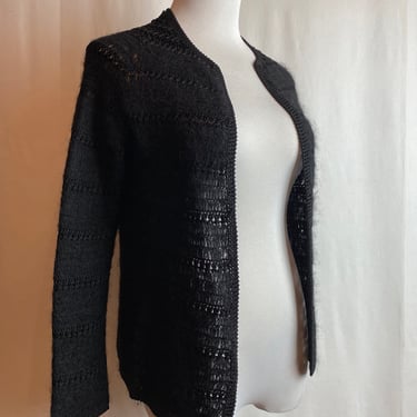 Fuzzy vintage black mohair cardigan sweater 1960’s Mod vintage crocheted rayon knit cozy fuzzy knit jacket sweater size XSM-SMALL 