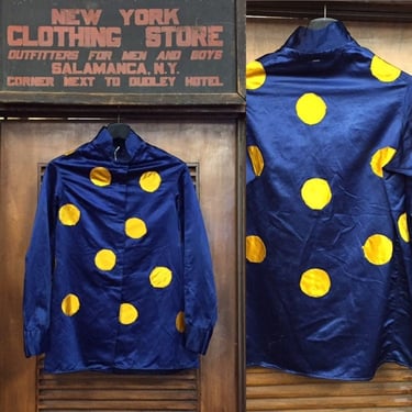 Vintage 1960’s Blue and Yellow Polka Dot Jockey Top, Satin Jacket, Polka Dot, Vintage Jacket, Vintage Clothing 