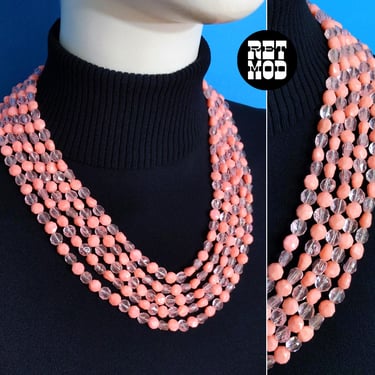 Pretty in Pink Vintage 60s Pastel Pink Faceted Beaded 5-Strand Statement Necklace 