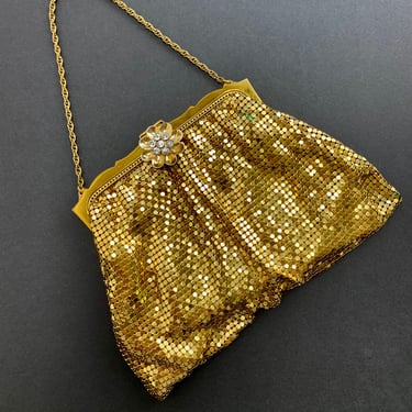 1940's-50's Gold Metal Mesh Evening Purse - by Whiting and Davis - Made in the USA - Gold Frame with Rhinstone Floral Clasp 