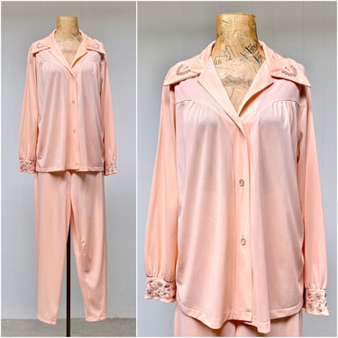 Vintage 1970s Peach Nylon Pajamas, 70s Embroidered Two-Piece PJ Set, Mid Century Sleepwear, Medium 42" Bust 