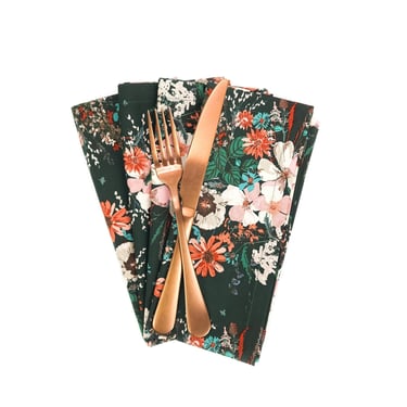 Dark Green Floral Cloth Napkins, Set of 4 Cloth Napkins 