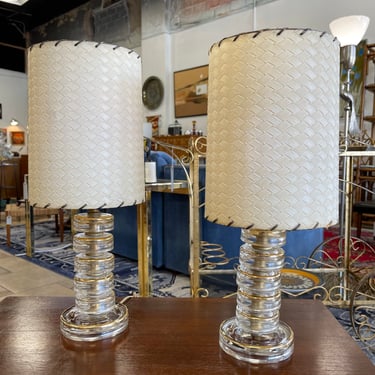 Mid Century Glass Table Top Lamps with Original Shades