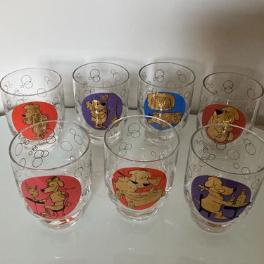 Vintage MCM Dog Cartoon Rocks Cocktail Glasses Set of 7 