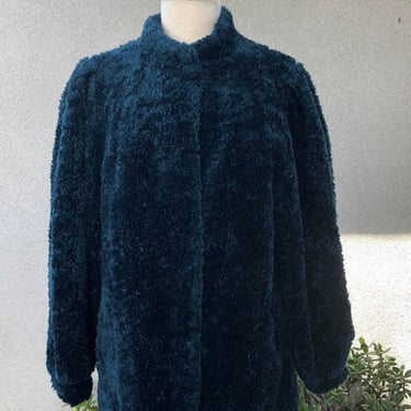 SALE Vintage faux fur curly knobby short jacket lined by Carol Horn teal blue sz 8 S 