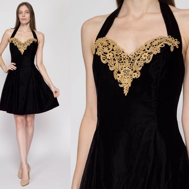 Medium 80s Black Velvet Halter Party Dress | Vintage Fit & Flare Gold Trim Low Back Mini Prom Dress 