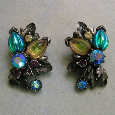 Vintage Florenza Art Glass Clip On Earrings, 1950's Costume Earrings, Florenza Earrings, Old Rhinestone Earrings (#4321) 